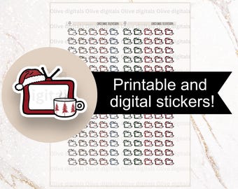 May include: A sticker sheet with a Christmas theme. The sheet features a television with a Santa hat, a mug with pine trees, and the text "Printable and digital stickers!". The background is a grid of small television icons.