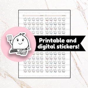 Op de afbeelding: Een vel met afdrukbare digitale stickers met een herhalend patroon van kleine, lachende karakters die verschillende items vasthouden. Een roze cirkel met een stripfiguur met een tablet en toetsenbord staat op de voorgrond. De tekst "Printable and digital stickers!" is ook zichtbaar.