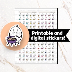 May include: A sheet of printable and digital stickers featuring a cartoon character grilling food on a small purple barbecue. The character is white with black outlines and facial features. A black banner across the center reads Printable and digital stickers!