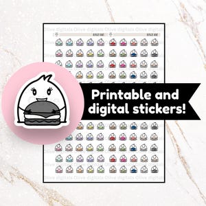 Op de afbeelding: Een vel met printbare en digitale stickers met burger-thema's. De stickers zijn in verschillende kleuren en hebben een schattig burger-personage. De tekst "Printable and digital stickers!" is ook inbegrepen.
