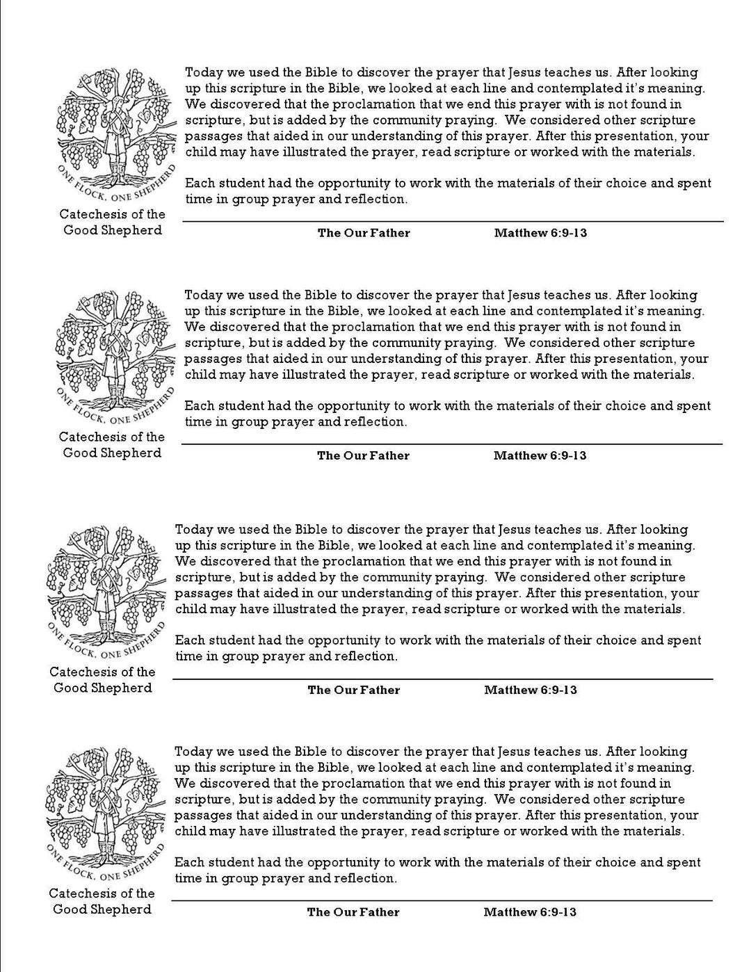 Catechesis of the Good Shepherd Parent Handouts for the Catholic Level