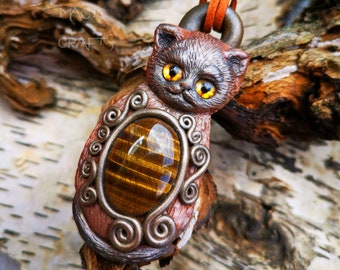 Bastet Bast Cat Tigers Eye Witch Pagan Unisex Jewelry Cat Lovers Pendant Beige Golden Pagan Wicca Animal Necklace Gift Unique Wearable Art