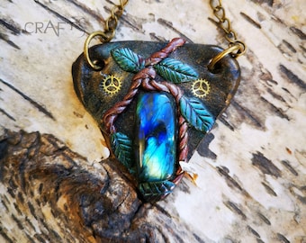 Tyche Greek Goddess of Wealth Labradorite Cottagecore Nature Inspired Handmade Polymer Clay Wearable Art Cyberpunk Metal Unisex Pagan Gift