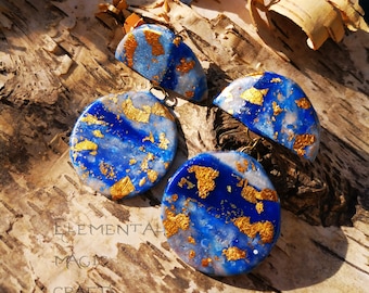 Circle Gold and Blue Polymer Clay Earrings Dangle and Drop Lightweight Unique Wearable Art Gift for her Elf Handmade Marble Witch