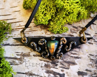 Belenus Labradorite Pendant Unique Jewelry Amulet Necklace Talisman Unisex Men Wearable Art Gift Golden Black Crystal Celtic Mythology