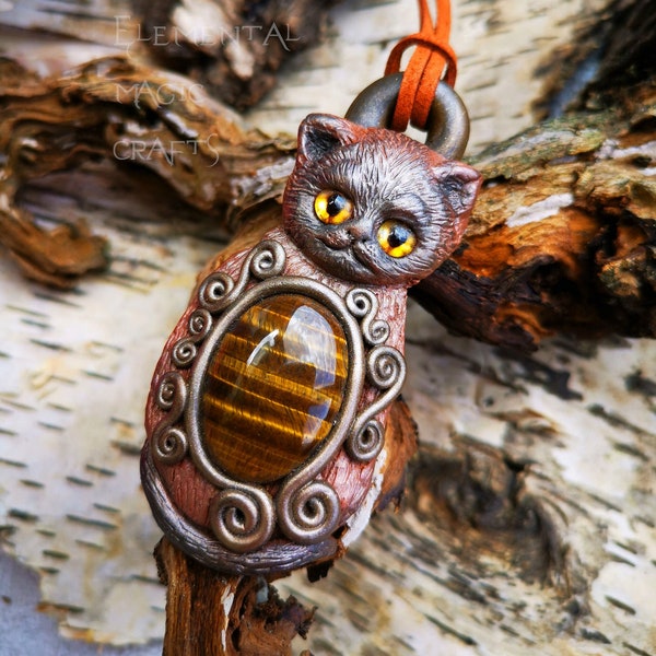 Bastet Bast Cat oeil de tigre sorcière païenne unisexe bijoux amoureux des chats pendentif Beige doré païen Wicca collier animal cadeau Art portable unique