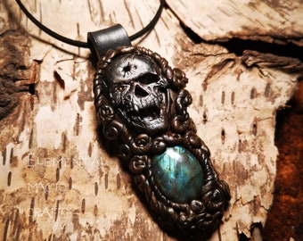 Skull pendant with Labradorite handmade unique polymerclay jewelry wearable art dark art unisex witch