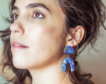 Geometric Modern Blue and Golden Earrings