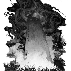 May include: Black and white illustration of a giant octopus with tentacles reaching up to a large stone pillar with writing on it.  A group of people are running away from the octopus and pillar.  The text on the pillar reads "The Great Old Ones".