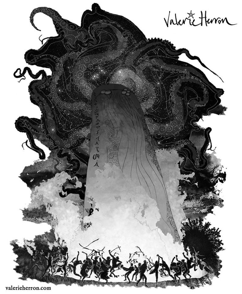 May include: Black and white illustration of a giant octopus with tentacles reaching up to a large stone pillar with writing on it.  A group of people are running away from the octopus and pillar.  The text on the pillar reads "The Great Old Ones".