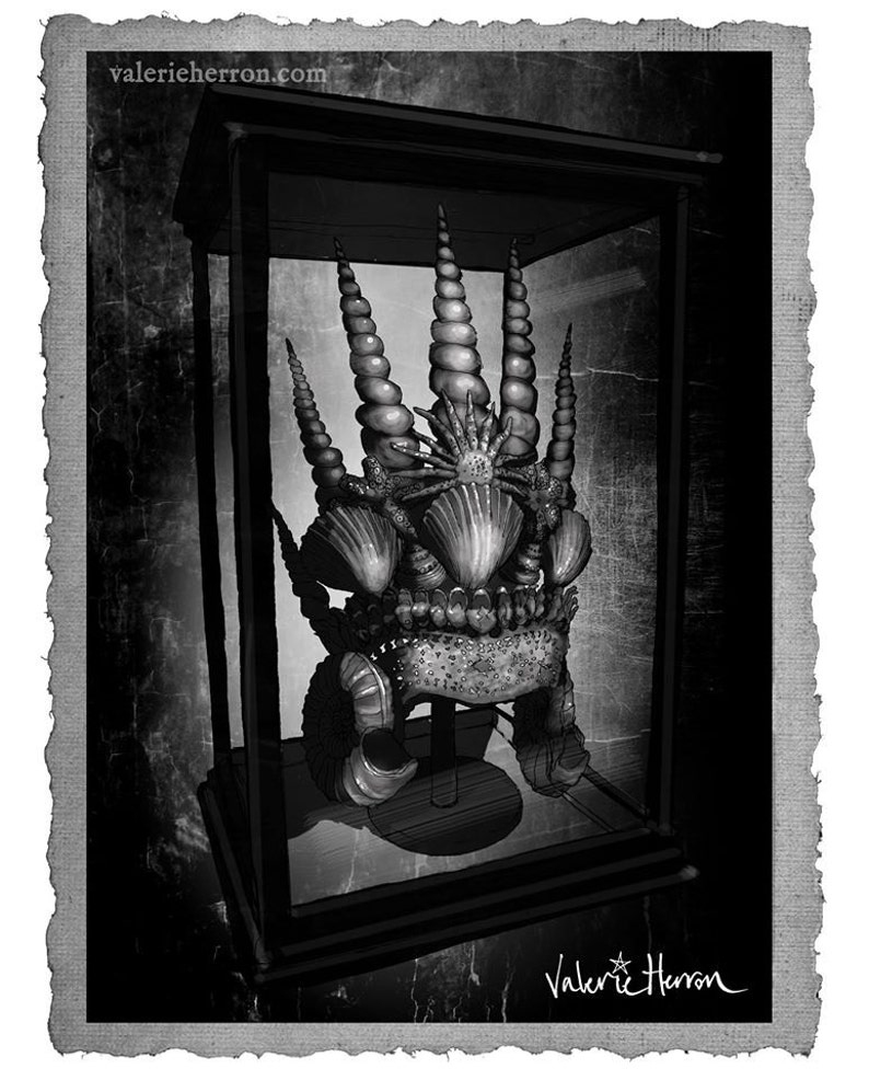 May include: A black and white illustration of a crown made of seashells, displayed in a glass case. The crown is made of many different types of shells, including scallops, oysters, and clams. The crown is sitting on a pedestal in the center of the case.