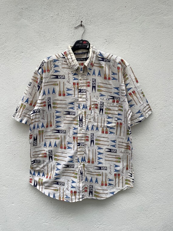 Vintage Nautica Rowing Crew Hawaiian Shirt Medium 