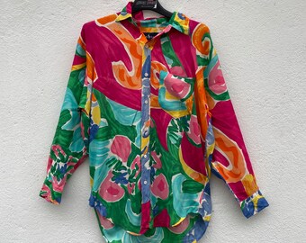 Vintage  Ralph Lauren (9) Abstract Brush Stroke Long Sleeve Rayon Shirt