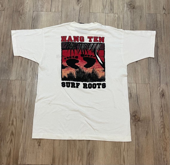 T-shirt Vintage Hang Ten – Taille L – Graphique Surf – Blanc Coton – Original Années 90