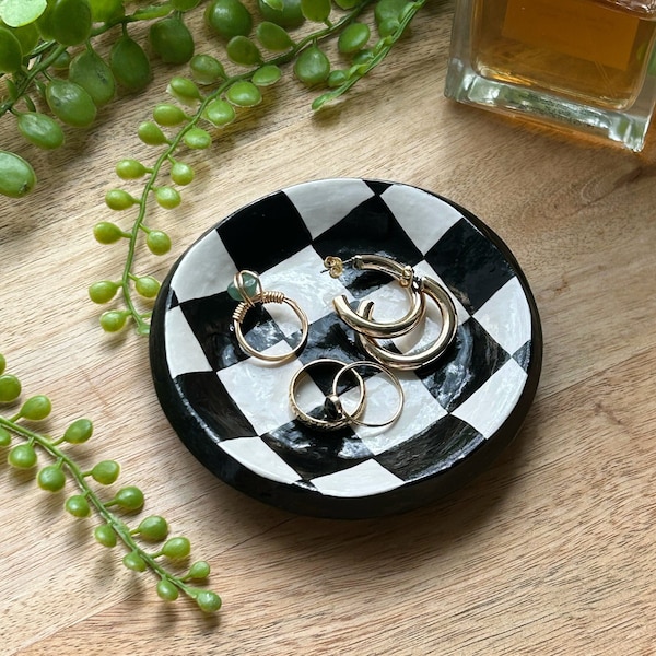 Checker polymer clay trinket dish, black and white, jewelry dish, trinket tray, room decor (MADE TO ORDER)