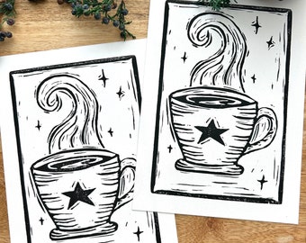 Cozy cup of coffee linocut print, block art print, 5x7 inches, handprinted gift