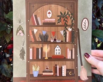 A Witch's Bookcase: Cozy Illustration Art Print (8x10)