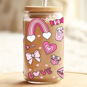 Valentines Day Coffee Glass | Valentine Coffee Glass Tumbler | Iced Coffee Cup with Lid and Straw | Love Girly Cute Cup