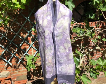 Scarf ecoprint, cotton, dyed with plants, purple, lilac, prints of leaves, unique ladies gift