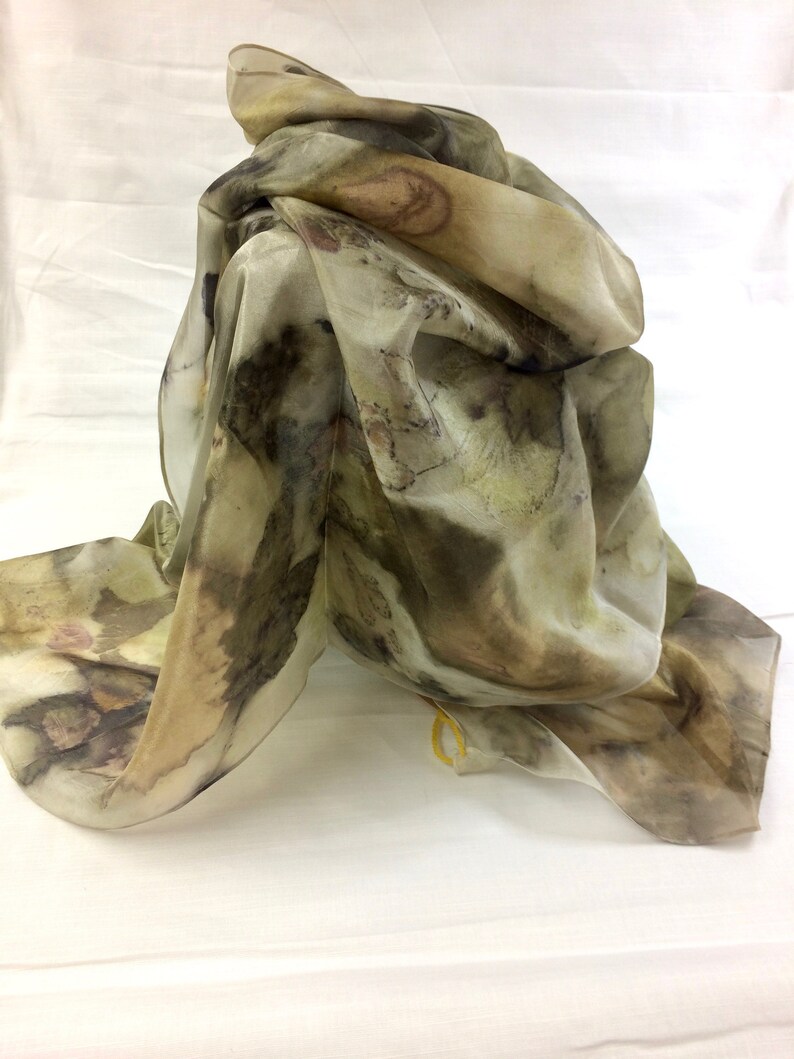 Hand dyed Ecoprint silk scarf, pure silk dyed with plants, green, purple, ecru, brown, prints of leaves, unique ladies gift image 1