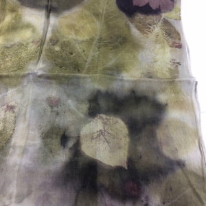 Hand dyed Ecoprint silk scarf, pure silk dyed with plants, green, purple, ecru, brown, prints of leaves, unique ladies gift image 6