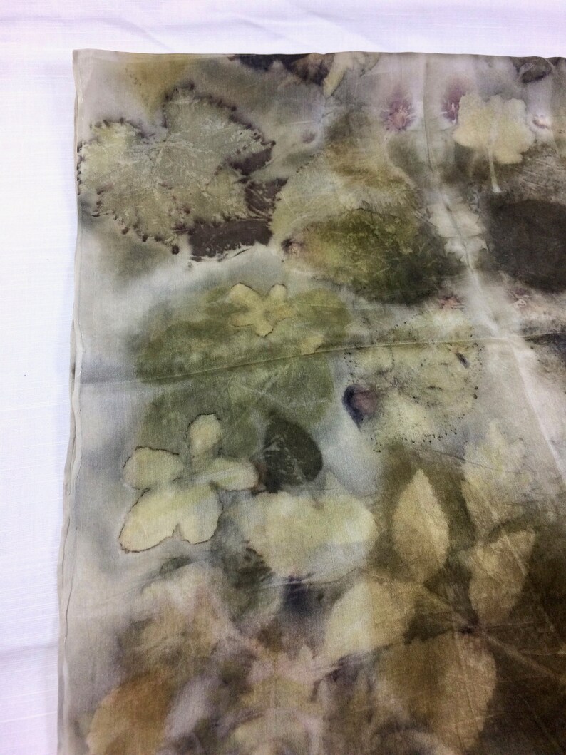 Hand dyed Ecoprint silk scarf, pure silk dyed with plants, green, purple, ecru, brown, prints of leaves, unique ladies gift image 4