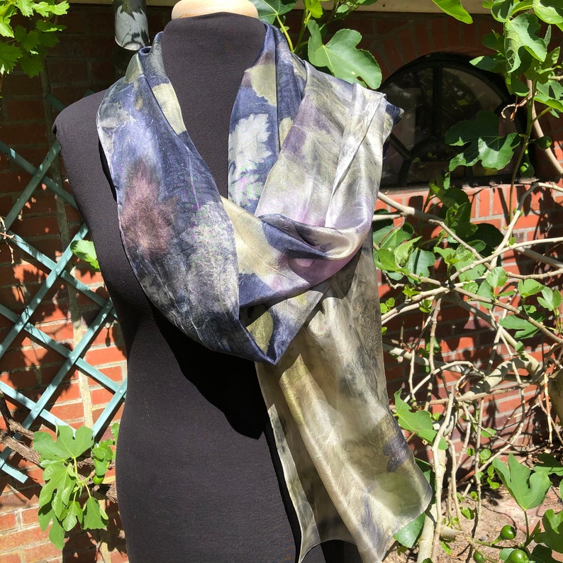 Silk scarf ecoprint, painted with plants, dark blue, pink, old silver, prints of leaves, unique ladies gift image 3