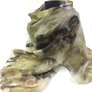 Hand dyed Ecoprint silk scarf, pure silk dyed with plants, green, purple, ecru, brown, prints of leaves, unique ladies gift image 2