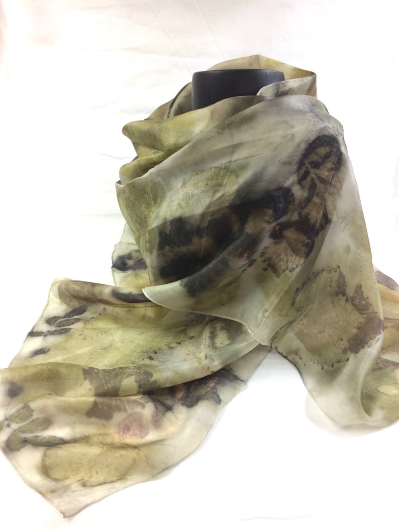 Hand dyed Ecoprint silk scarf, pure silk dyed with plants, green, purple, ecru, brown, prints of leaves, unique ladies gift image 2