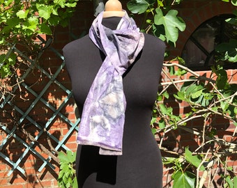 Scarf ecoprint, cotton, dyed with plants, purple, lilac, prints of leaves, unique ladies gift