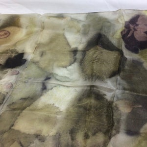 Hand dyed Ecoprint silk scarf, pure silk dyed with plants, green, purple, ecru, brown, prints of leaves, unique ladies gift image 7
