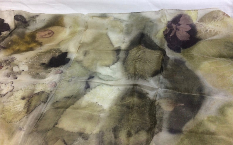 Hand dyed Ecoprint silk scarf, pure silk dyed with plants, green, purple, ecru, brown, prints of leaves, unique ladies gift image 7