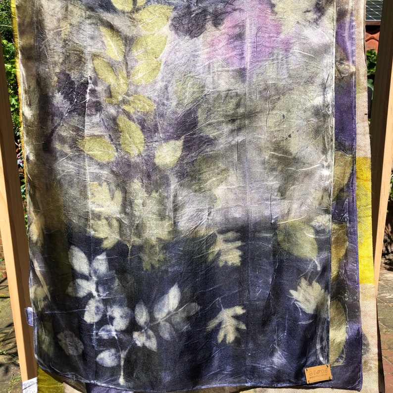 Silk scarf ecoprint, painted with plants, dark blue, pink, old silver, prints of leaves, unique ladies gift image 5