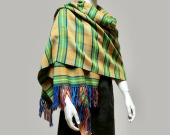 Large hand-woven shawl, scarf, blanket, organic merino wool, green, yellow, blue, 100% wool, beautiful gift