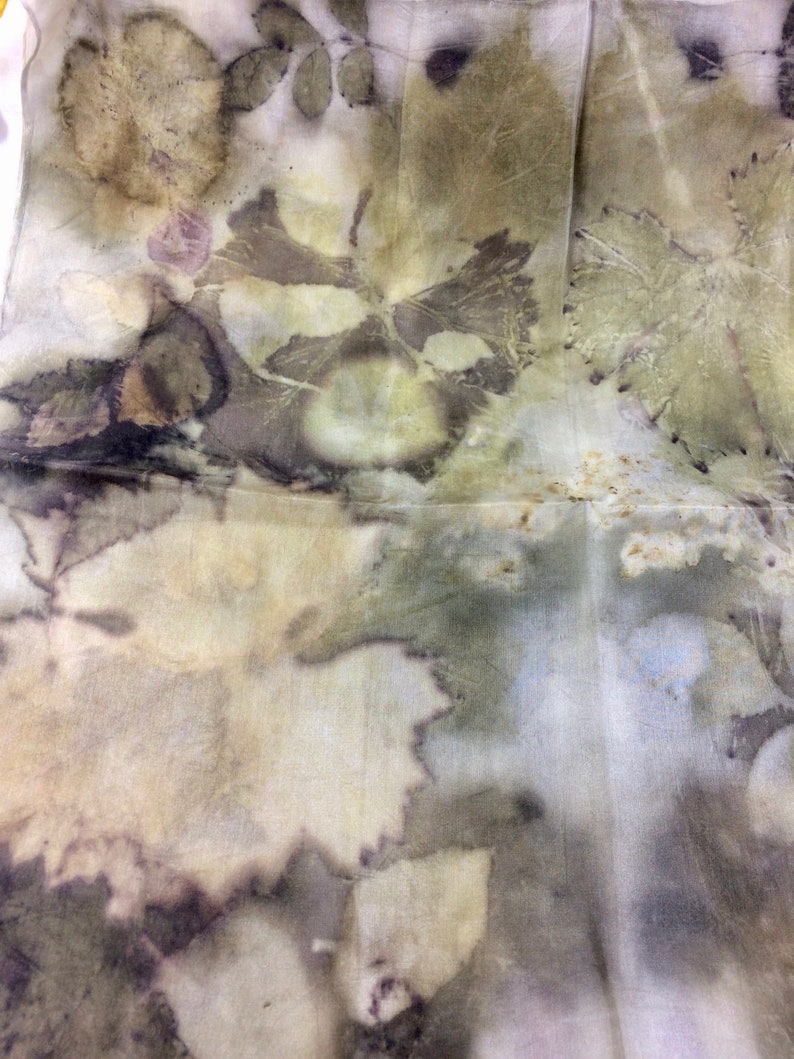 Hand dyed Ecoprint silk scarf, pure silk dyed with plants, green, purple, ecru, brown, prints of leaves, unique ladies gift image 9