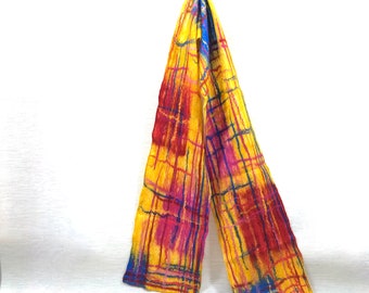 Hand Felted Scarf of Silk Chiffon and Merino Wool in Yellow, Blue, Red and Pink