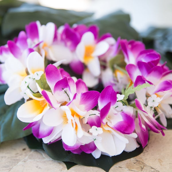 Deluxe SILK FLOWER HEADCROWN - Purple & White Plumerias