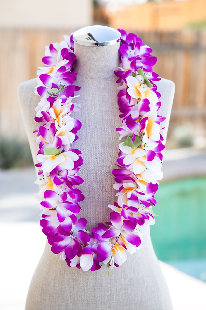 Deluxe SILK FLOWER LEI Purple & White Plumerias Etsy
