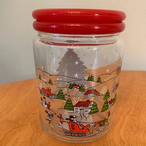 Vintage 80s Christmas Candy Clear Glass Jar | Red Lid | Winter sleigh scene | Holiday Kitchen