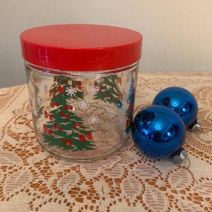 Christmas Candy Clear Glass Jar | Red Lid, Vintage | Tree and Snowflake Holiday Kitchen