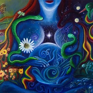 May include: A painting of a woman with long red hair, holding a blue orb in her hands. The orb is surrounded by green snakes, butterflies, and flowers. The background is a dark blue with stars and a white star in the center.
