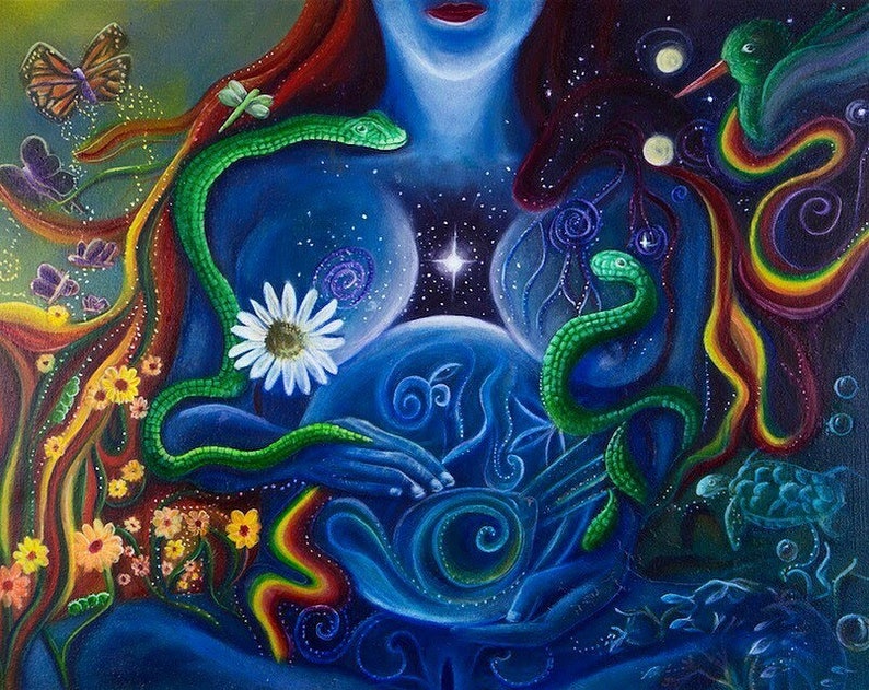 May include: A painting of a woman with long red hair, holding a blue orb in her hands. The orb is surrounded by green snakes, butterflies, and flowers. The background is a dark blue with stars and a white star in the center.