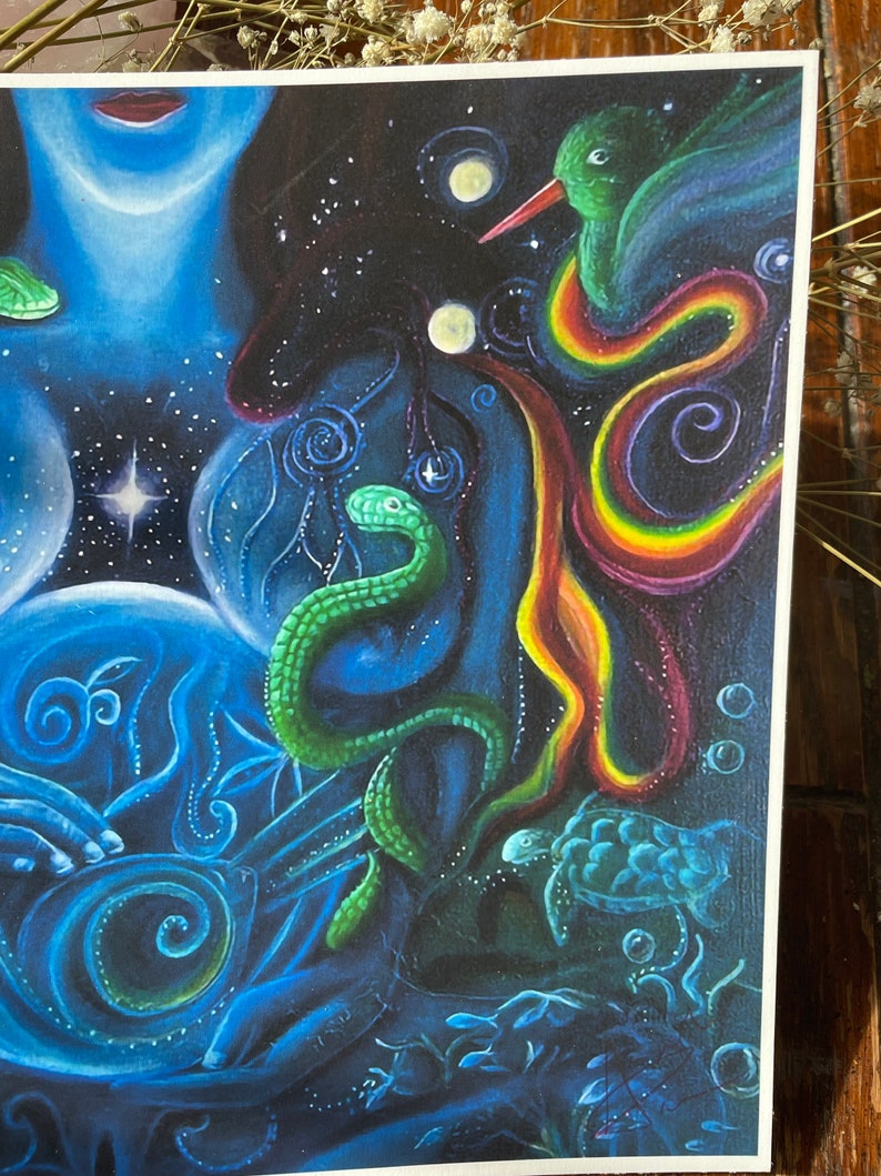 May include: A colorful abstract painting with a woman's torso in the center. The woman's body is surrounded by a swirling rainbow, a green snake, a blue turtle, and a green hummingbird. The background is a dark blue with white stars.