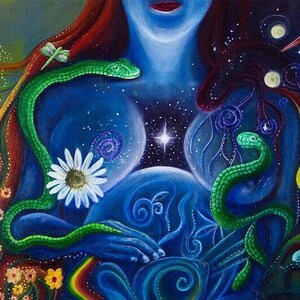 May include: A painting of a woman with long red hair, a blue body, and two green snakes wrapped around her. The woman is holding a sphere in her hands, and there are stars and swirls around her. The painting is a representation of the feminine divine.