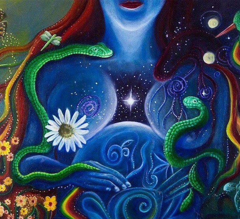 May include: A painting of a woman with long red hair, a blue body, and two green snakes wrapped around her. The woman is holding a sphere in her hands, and there are stars and swirls around her. The painting is a representation of the feminine divine.