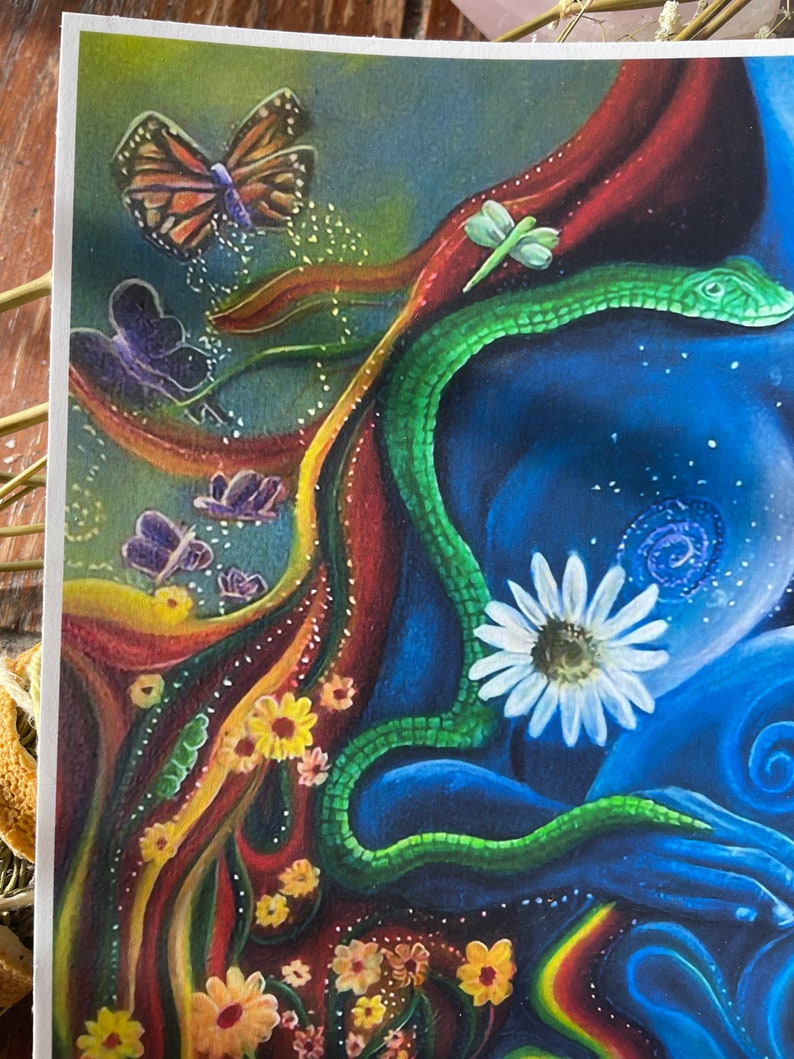May include: A colorful abstract painting with a green snake, a white daisy, and a butterfly. The painting features a variety of colors, including red, orange, yellow, green, blue, and purple. The snake is coiled around the daisy, and the butterfly is flying above them. The painting is a beautiful and intricate work of art.