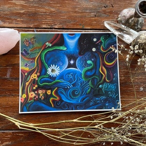 May include: A colorful, abstract painting depicting a woman's torso with two snakes wrapped around her. The woman's chest is glowing with a bright light, and there are flowers and other natural elements surrounding her. The painting is done in a vibrant style with a mix of blue, green, yellow, and red colors.