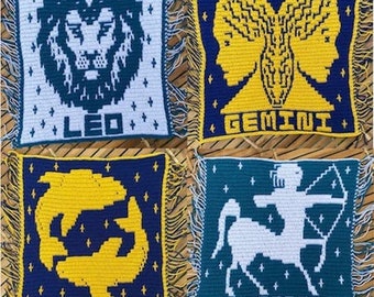 Pacchetto zodiacale di 12 modelli individuali di pannelli quadrati a mosaico sovrapposti all&#39;uncinetto