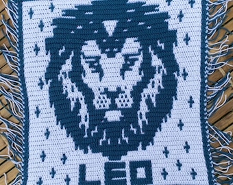 Modello di pannello quadrato all&#39;uncinetto in mosaico con sovrapposizione dello zodiaco Leone