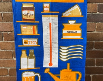 Navy and orange kitchenware - vintage linen teatowel